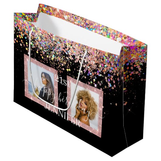 Holographic Glitzer Custom Foto Birthday Black Große Geschenktüte (Vorderseite Schrägansicht)