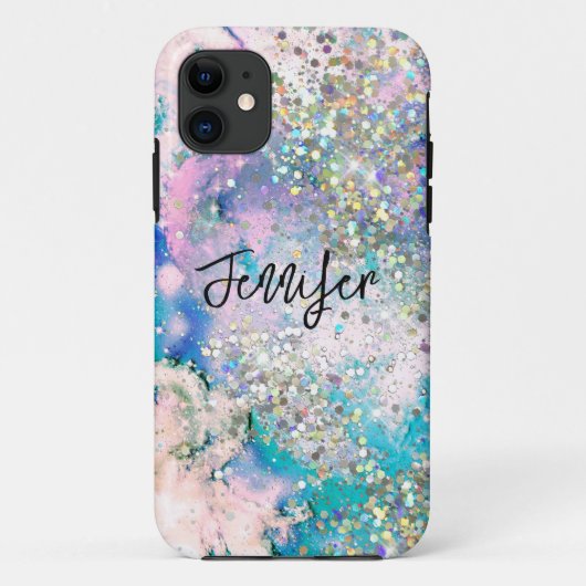 Holographic Glitzer elegant Blue Aquamarin Marble Case-Mate iPhone Hülle (Rückseite)