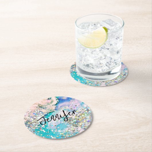 Holographic Glitzer elegant Blue Aquamarin Marble  Runder Pappuntersetzer (Vor Ort)