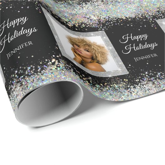 Holographic Glitzer Foto Text Black Elegant Geschenkpapier (Rolleneckpunkt)