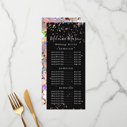 Holographic Glitzer Makeup Artist Black Price Menu Menükarte (Vorderseite/Rückseite Beispiel)