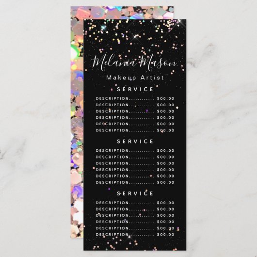 Holographic Glitzer Makeup Artist Black Price Menu Menükarte (Vorne/Hinten)