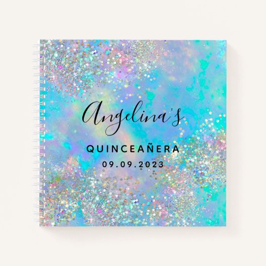 Holographic Glitzer Opal Quinceañera Gästebuch Notizblock (Vorderseite)