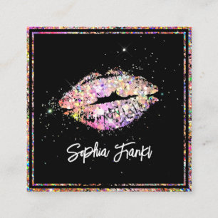 Holographic Glitzer Pink Lips Makeup Artist Black Quadratische Visitenkarte