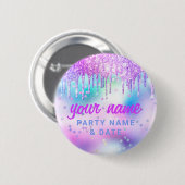 Holographic Glitzer Tropfen Lila Party Name Gefall Button (Vorne & Hinten)