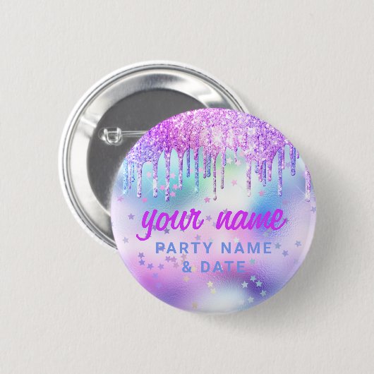 Holographic Glitzer Tropfen Lila Party Name Gefall Button (Vorne & Hinten)