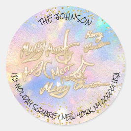 Holographic Gold Frohe Weihnachtsname Anschrift de Runder Aufkleber