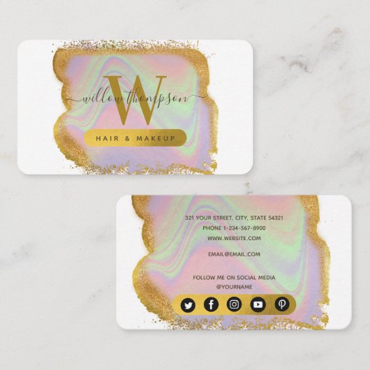 Holographic Gold Glitzer Modernes Haar & Makeup Visitenkarte (Vorne/Hinten)