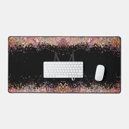 Holographic Gold Glitzern Monogram Black Funkelnd Schreibtischunterlage (Tastatur & Maus)