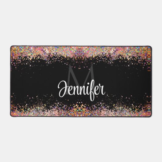 Holographic Gold Glitzern Monogram Black Funkelnd Schreibtischunterlage (Vorderseite)