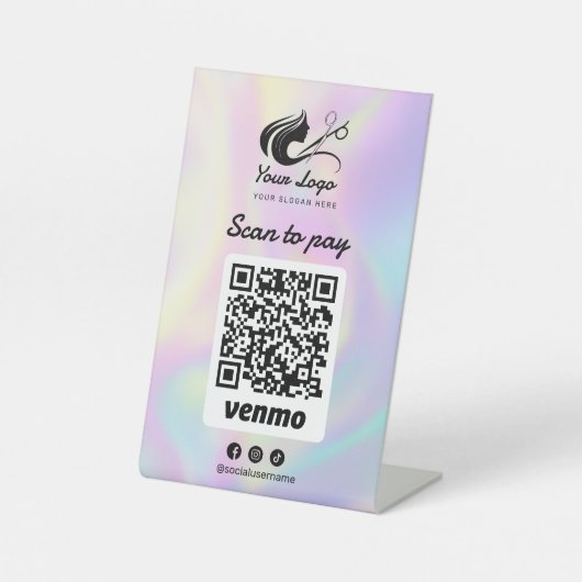 Holographic Hair Salon Logo Venmo Scan to Pay Sockelschild (Vorderseite)