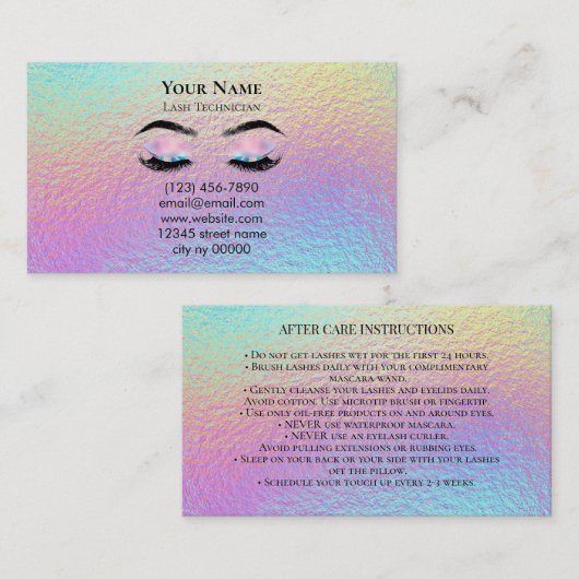 Holographic Lash Technician After care Card Terminkarte (Vorne/Hinten)