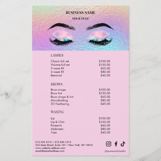 Holographic Lashes Salon Price List Menu Flyer (Vorne)