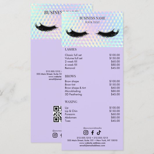 Holographic Lashes Salon Price List Menükarte (Vorne/Hinten)