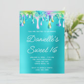 Holographic Liquid Tropfen Turquoise Blue Sweet 16 Einladung (Stehend Vorderseite)