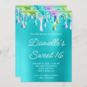 Holographic Liquid Tropfen Turquoise Blue Sweet 16 Einladung (Vorne/Hinten)