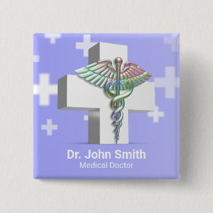 Holographic Medical 3D Caduceus White Cross Button