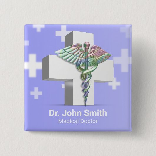 Holographic Medical 3D Caduceus White Cross Button (Vorderseite)