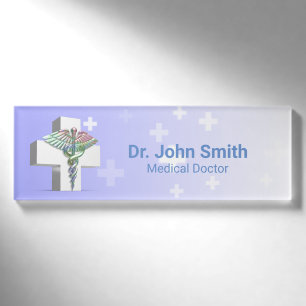 Holographic Medical 3D Caduceus White Cross Namenschild