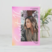 Holographic ombre script pink 4 Foto Sweet 16 Einladung (Stehend Vorderseite)