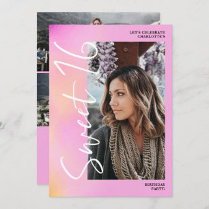 Holographic ombre script pink 4 Foto Sweet 16 Einladung
