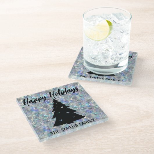 Holographic Opal Stone Background Happy Holidays Glasuntersetzer (Schrägansicht)