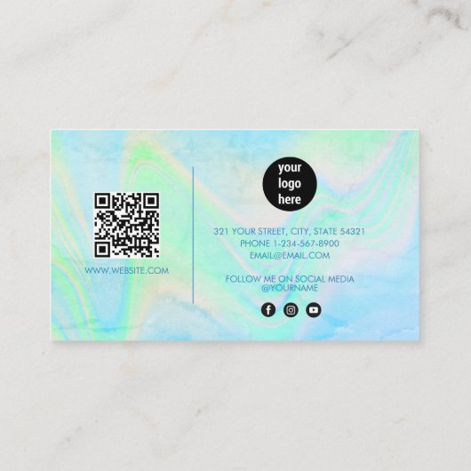Holographic Opal Stone Marble Script QR Code Blau Visitenkarte (Rückseite)