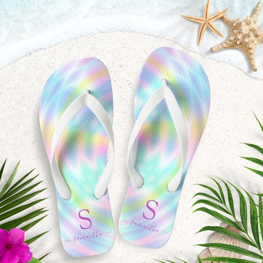 Holographic Pastel Rainbow Mit Monogramm Summer Badesandalen