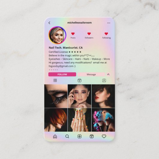 Holographic Pink Instagram Modern Visitenkarte (Vorderseite)