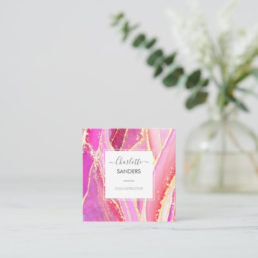 Holographic Pink Watercolor Gold Spritzer Quadratische Visitenkarte (Stehend Vorderseite)