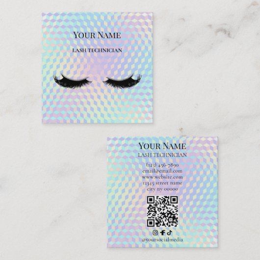 Holographic QR code Beige and Gold Lash Technician Quadratische Visitenkarte (Vorne/Hinten)