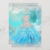 Holographic Quinceanera Aqua Blue Watercolor Gown Einladung (Vorne/Hinten)