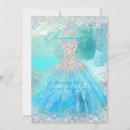 Holographic Quinceanera Aqua Blue Watercolor Gown Einladung