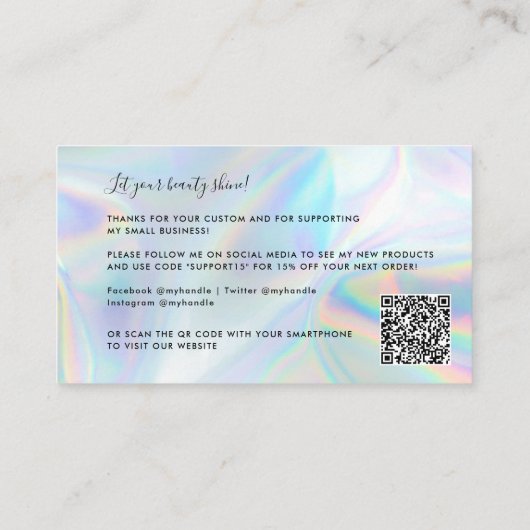 Holographic Script Beauty Salon QR Code Vielen Dan Visitenkarte (Rückseite)