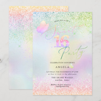 Holographic Sweet 16 Pink Diamond Glitzer Einladung