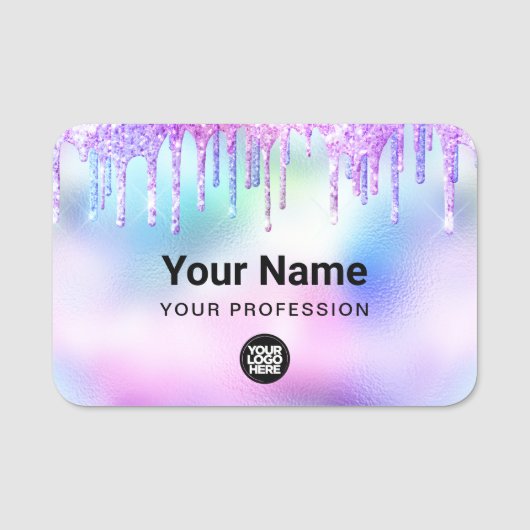 Holographic Trendy Cute Glitter Drips Employee Namensschild (Vorderseite)