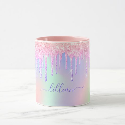 Holographic unicorn glitter rainbow monogram tasse (Zentrum)