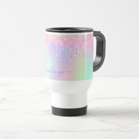 Holographic unicorn Glitzer Regenbogenname-Skript Reisebecher (VorderseiteRechts)