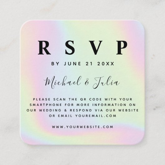 Holographic Unicorn Pastel QR Code Wedding RSVP Begleitkarte (Vorderseite)
