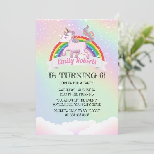 Holographic Unicorn & Rainbow Birthday Party Einladung (Stehend Vorderseite)
