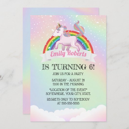 Holographic Unicorn & Rainbow Birthday Party Einladung (Vorne/Hinten)