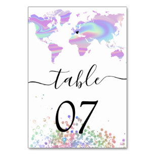 Holographic Wedding Destination World Map Heart T Tischnummer