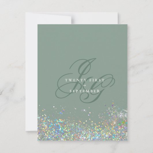 Holographische Goldminze Glitzer Initialen Hochzei Einladung (Rückseite)