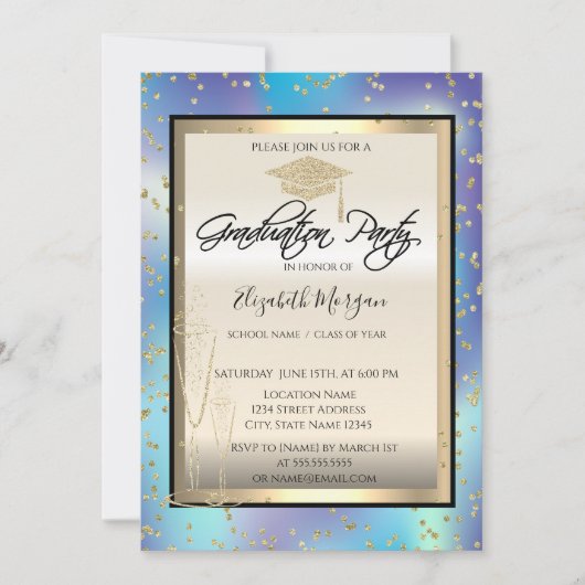 Holographische Grad Cap, Glass Diamonds Abschluss Einladung (Vorderseite)