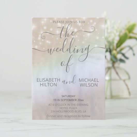 Holographische Perlenfunkel romantische Kalligraph Einladung (Stehend Vorderseite)