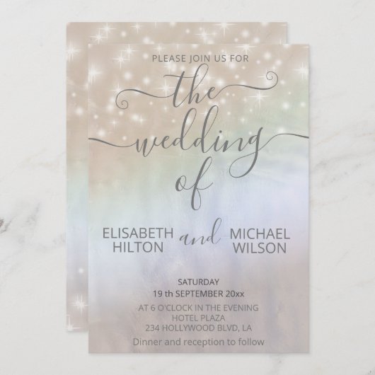 Holographische Perlenfunkel romantische Kalligraph Einladung (Vorne/Hinten)