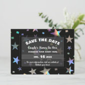 Holographische Rainbow Stars Hochzeitsszene Verlob Save The Date (Stehend Vorderseite)