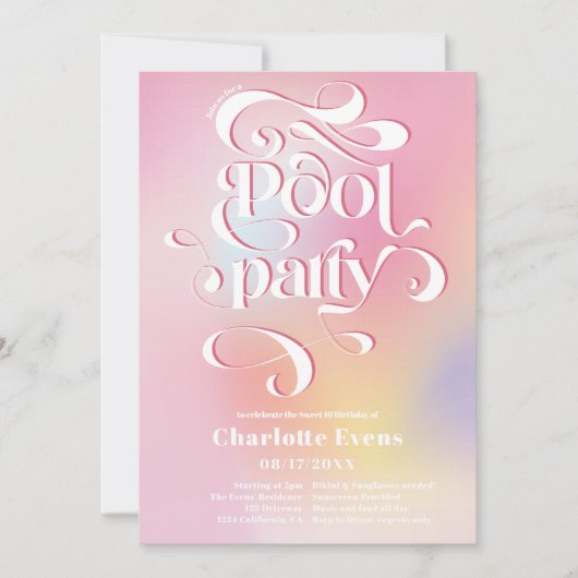 Holographische Rosa Pool Party Skript-Wirbel Sweet Einladung (Vorderseite)