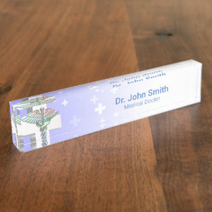 Holographisches Medizin 3D Caduceus Weißes Kreuz Namensplakette