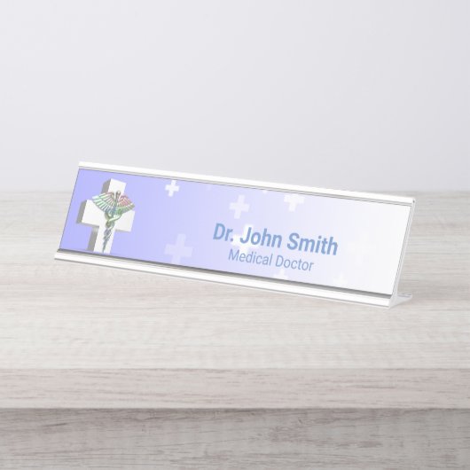 Holographisches Medizin 3D Caduceus Weißes Kreuz Schreibtischnamensplakette (Vorderseite )